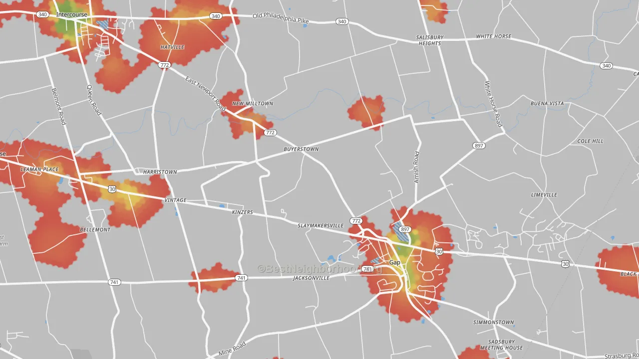 Walk Grade map of Kinzers, PA, walkable areas in green and car-dependent areas in red