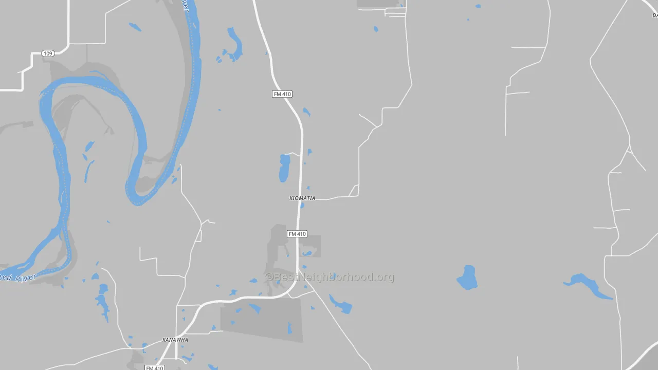 Walk Grade map of Kiomatia, TX, walkable areas in green and car-dependent areas in red