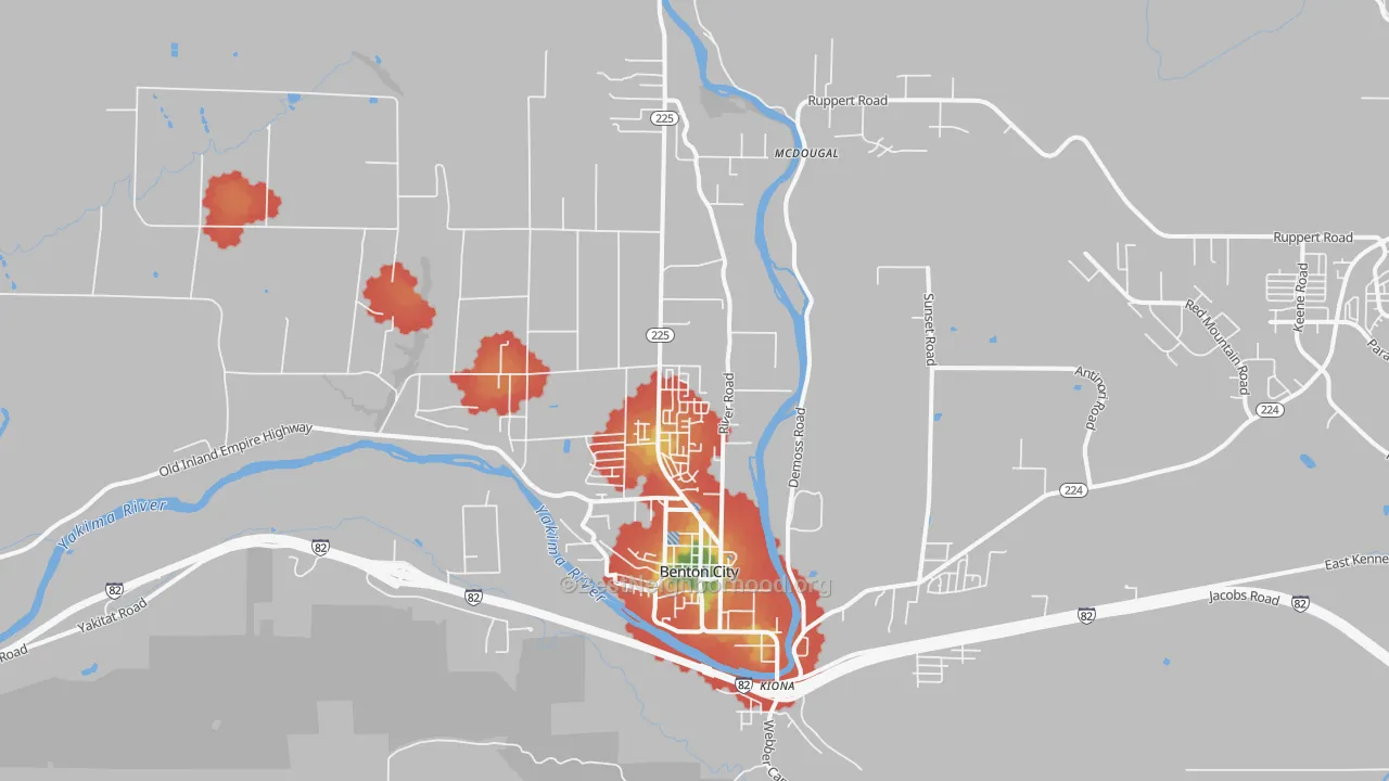 Walk Grade map of Kiona, WA, walkable areas in green and car-dependent areas in red