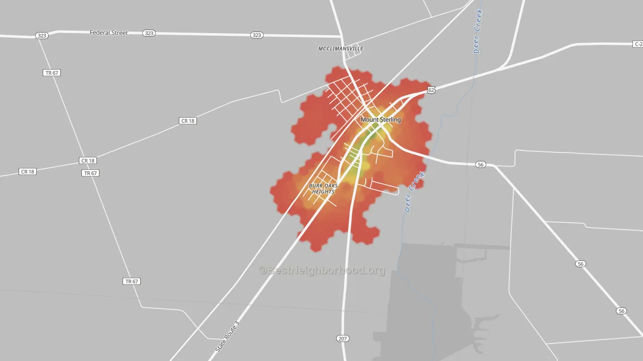 Walk Grade map of Kiousville, OH, walkable areas in green and car-dependent areas in red