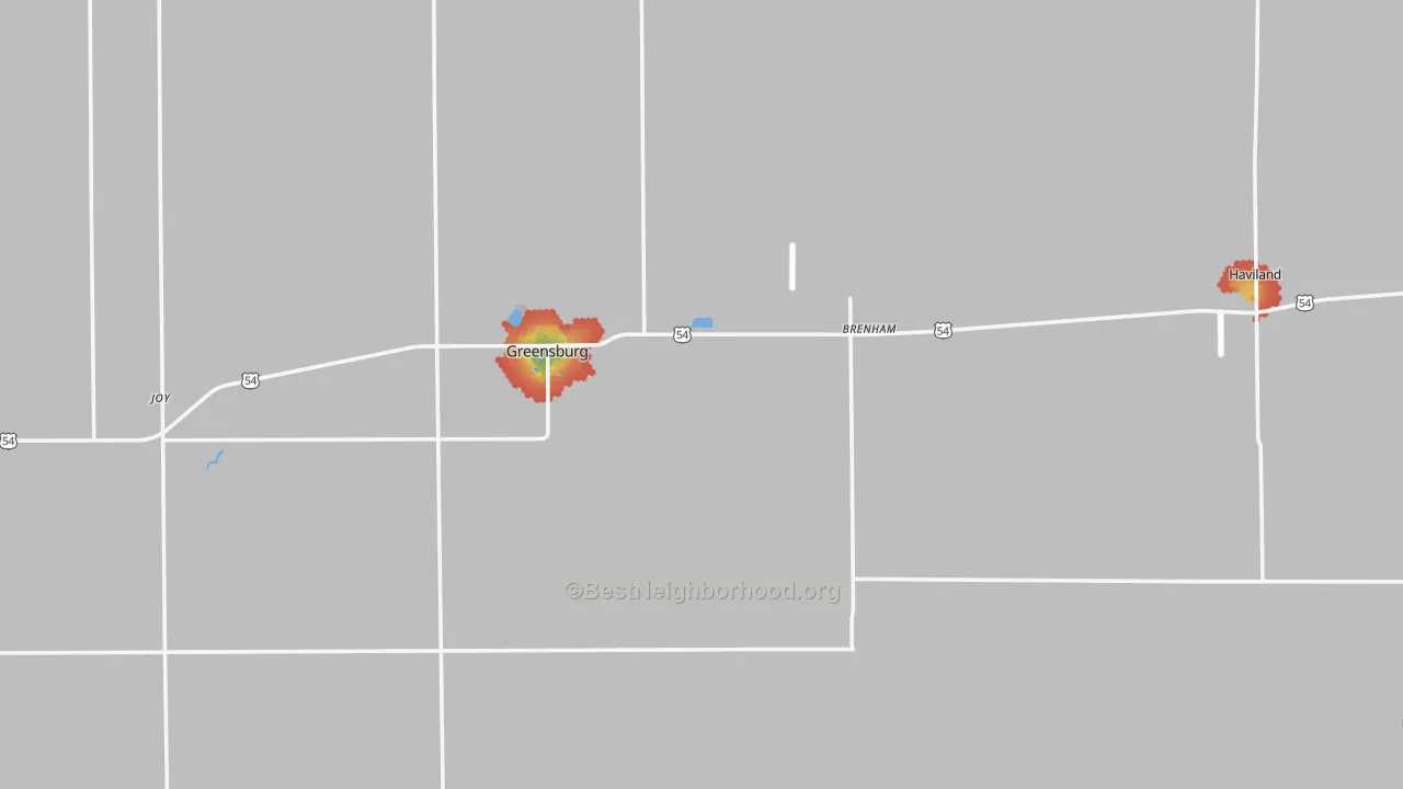Walk Grade map of Kiowa County, KS, walkable areas in green and car-dependent areas in red