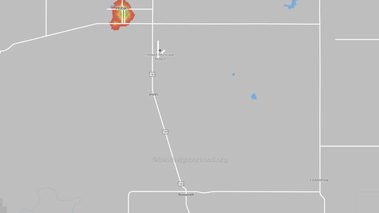 Walk Grade map of Kiowa County, OK, walkable areas in green and car-dependent areas in red