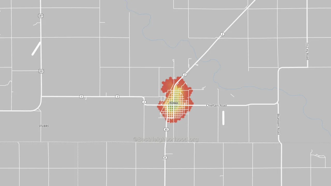 Walk Grade map of Kiowa, KS, walkable areas in green and car-dependent areas in red