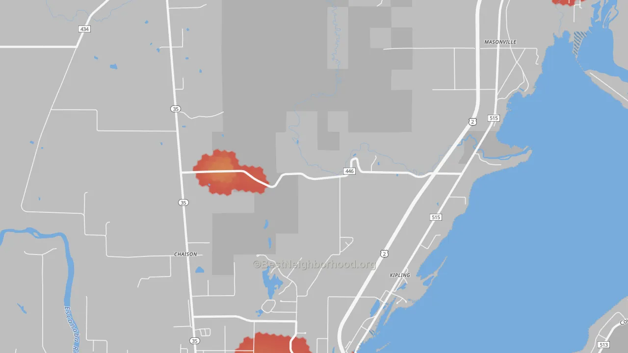Walk Grade map of Kipling, MI, walkable areas in green and car-dependent areas in red
