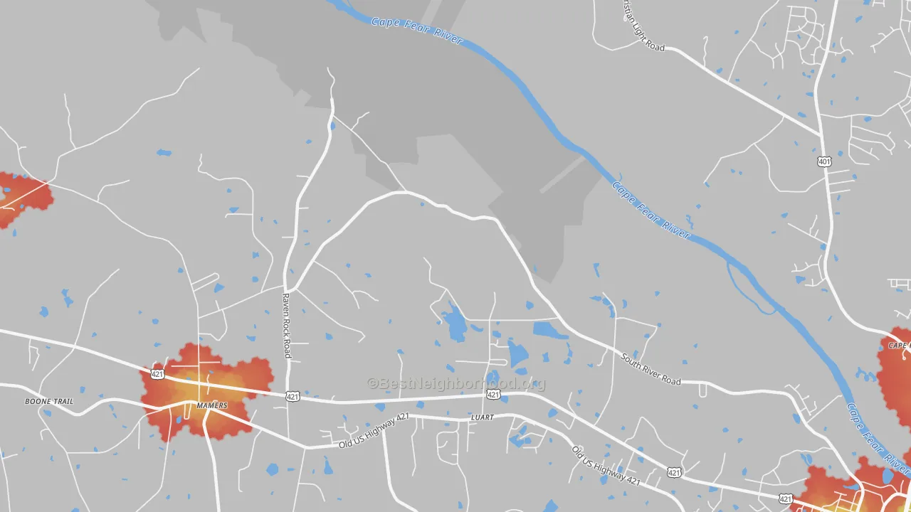 Walk Grade map of Kipling, NC, walkable areas in green and car-dependent areas in red