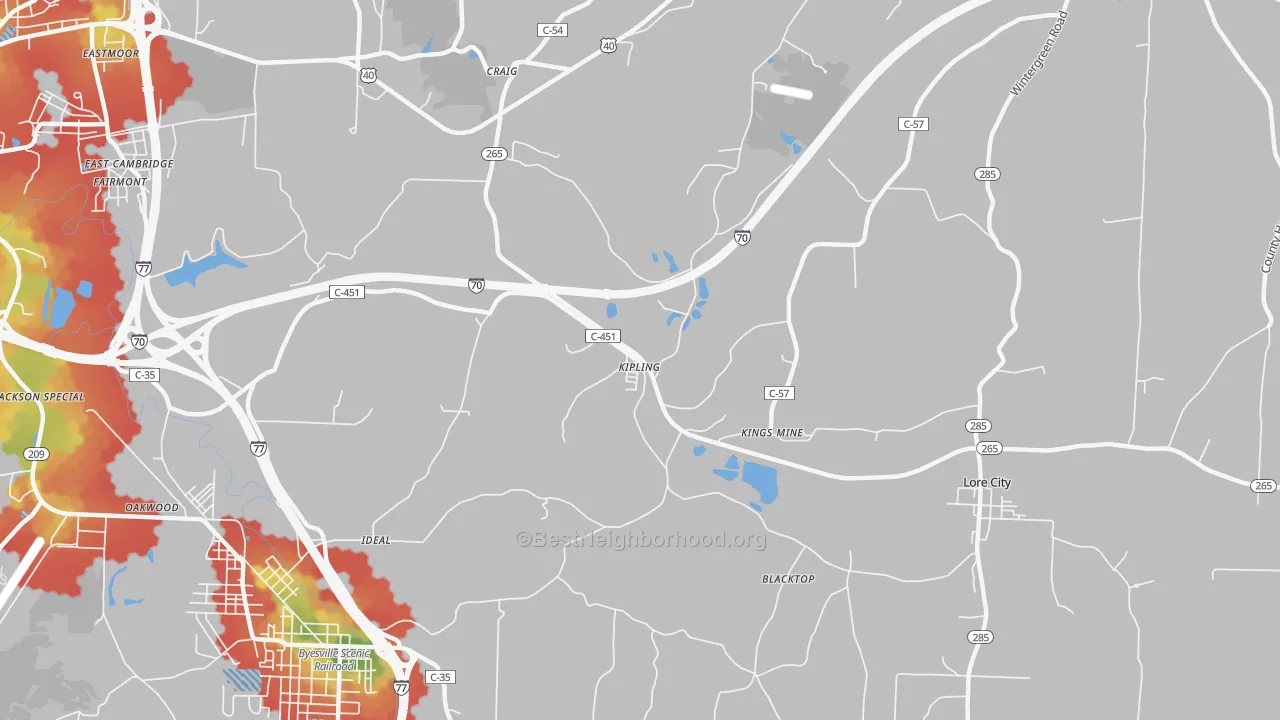 Walk Grade map of Kipling, OH, walkable areas in green and car-dependent areas in red