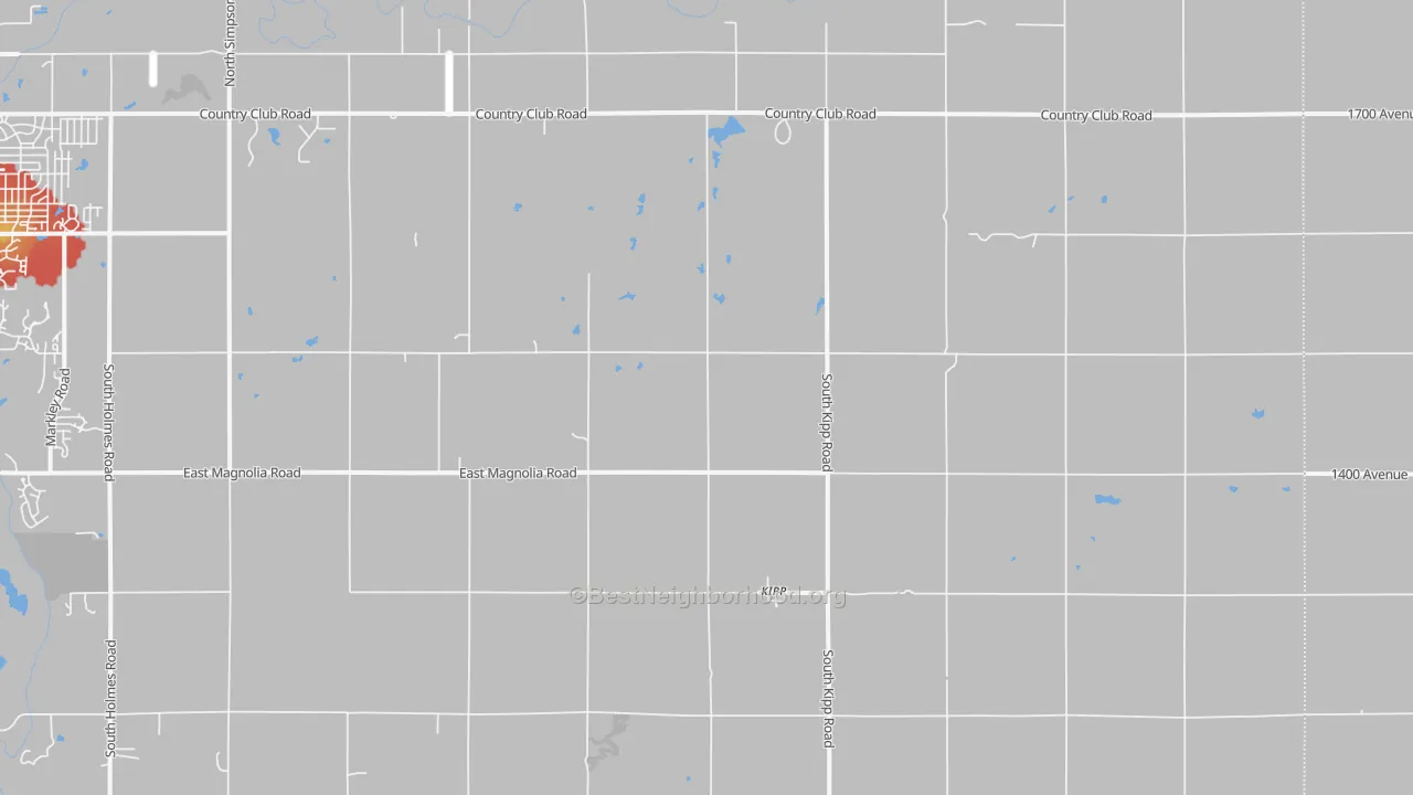 Walk Grade map of Kipp, KS, walkable areas in green and car-dependent areas in red