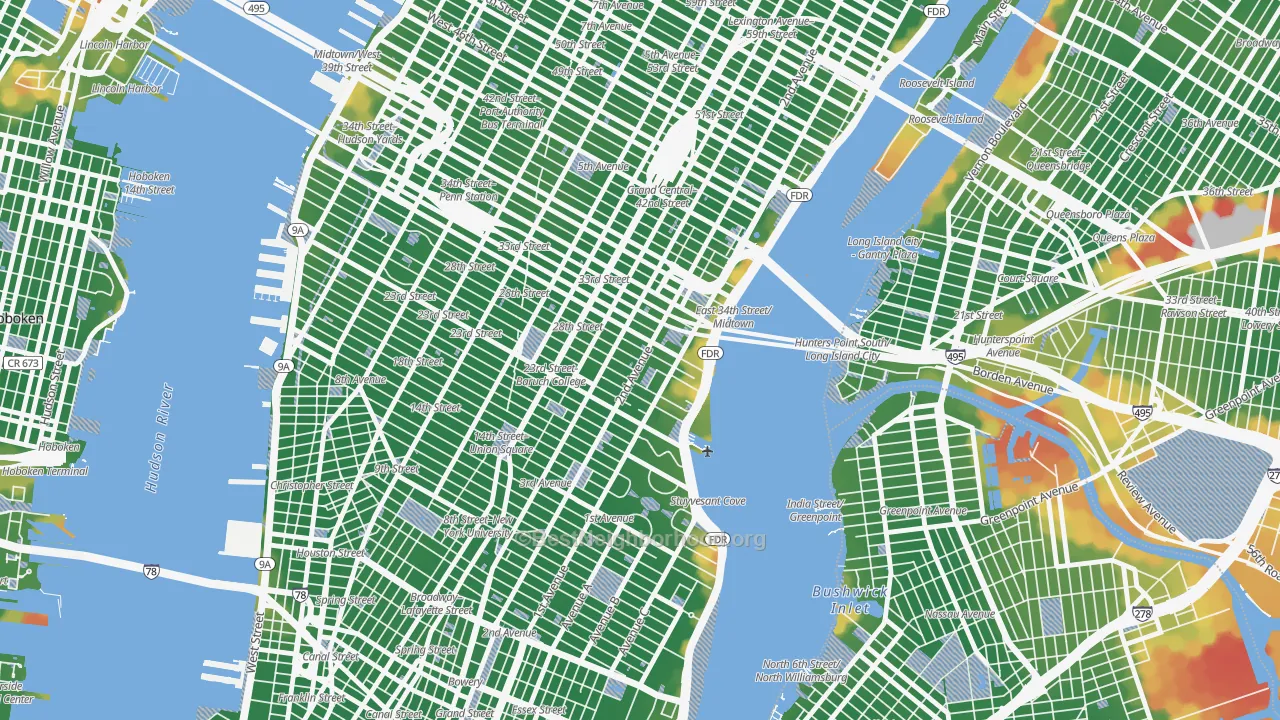 Walk Grade map of Kips Bay, Manhattan, NY, walkable areas in green and car-dependent areas in red
