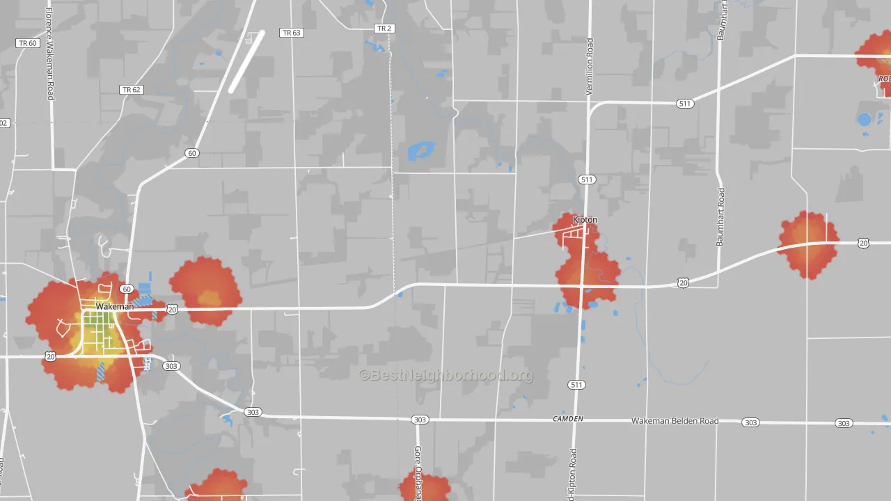 Walk Grade map of Kipton, OH, walkable areas in green and car-dependent areas in red