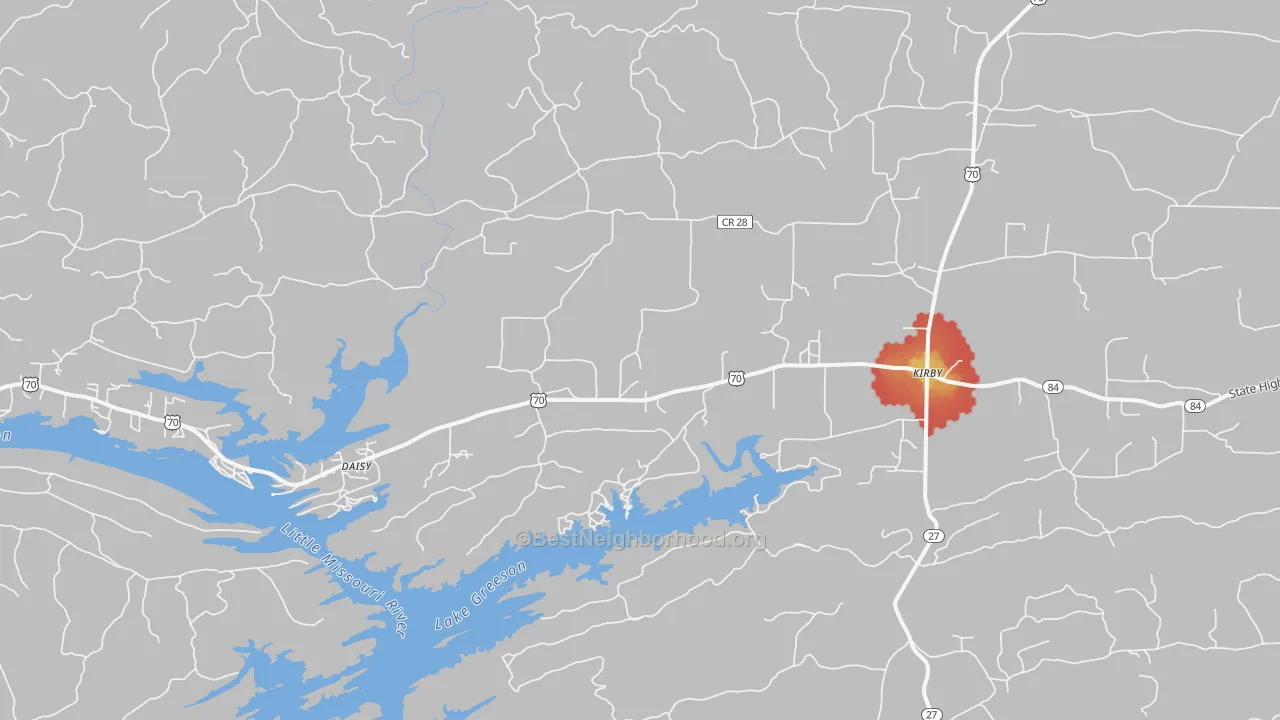 Walk Grade map of Kirby, AR, walkable areas in green and car-dependent areas in red