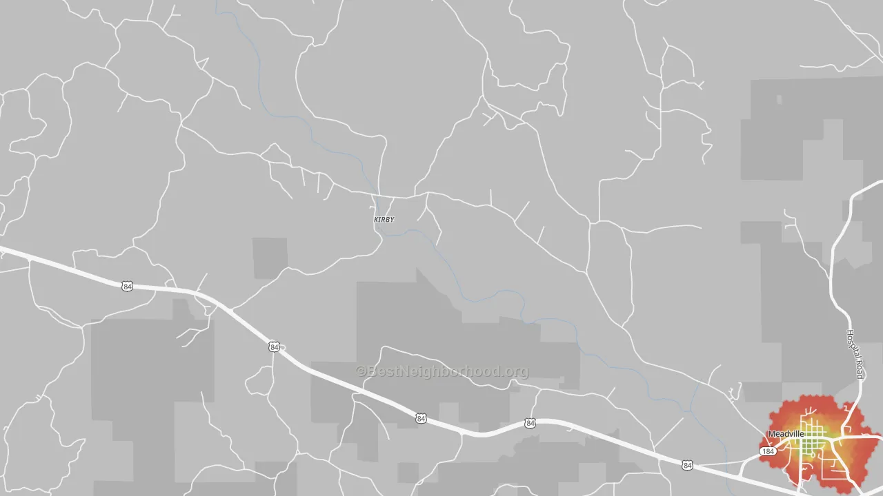 Walk Grade map of Kirby, MS, walkable areas in green and car-dependent areas in red