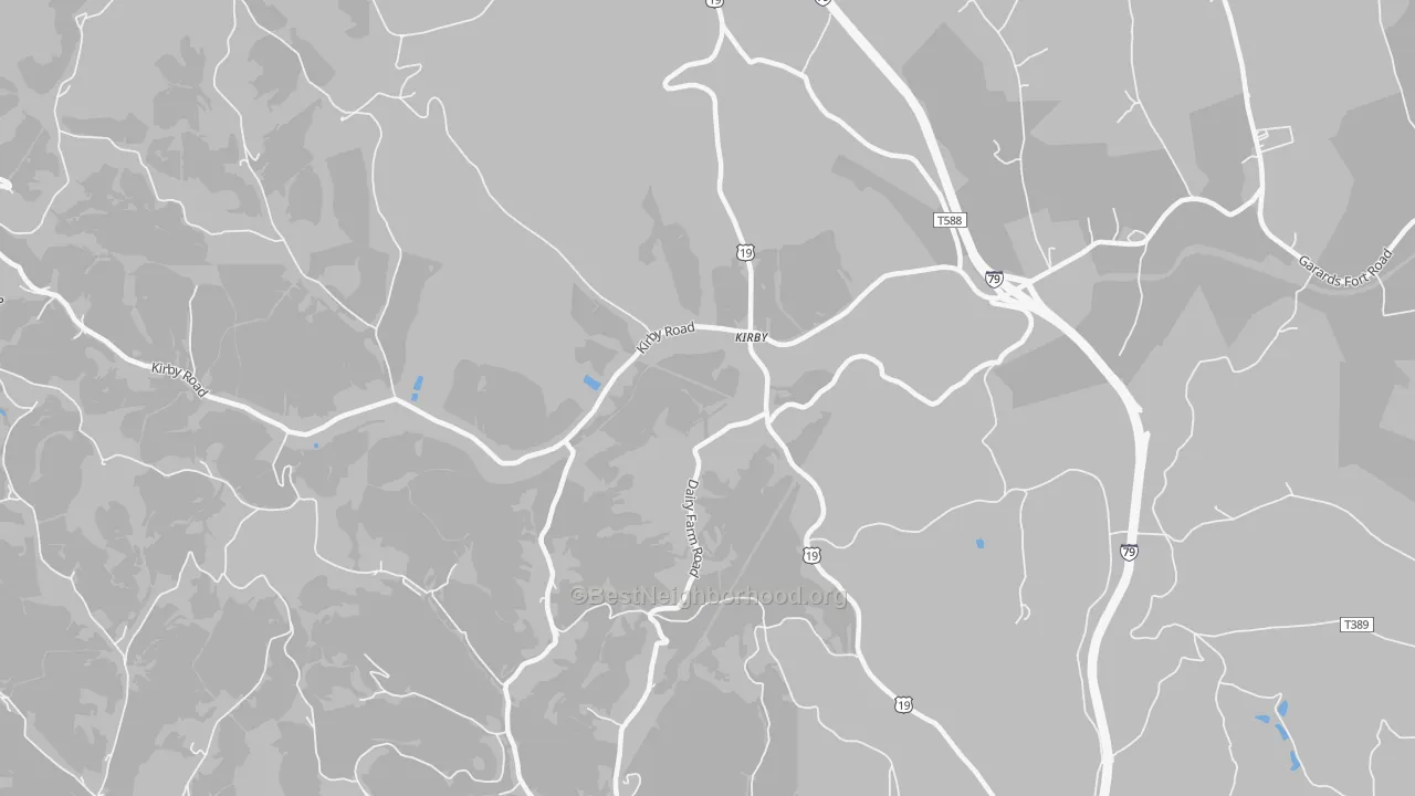 Walk Grade map of Kirby, PA, walkable areas in green and car-dependent areas in red