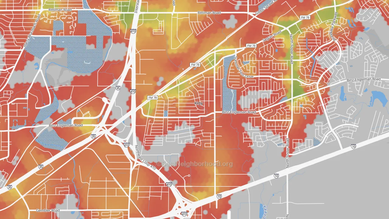 Walk Grade map of Kirby, TX, walkable areas in green and car-dependent areas in red