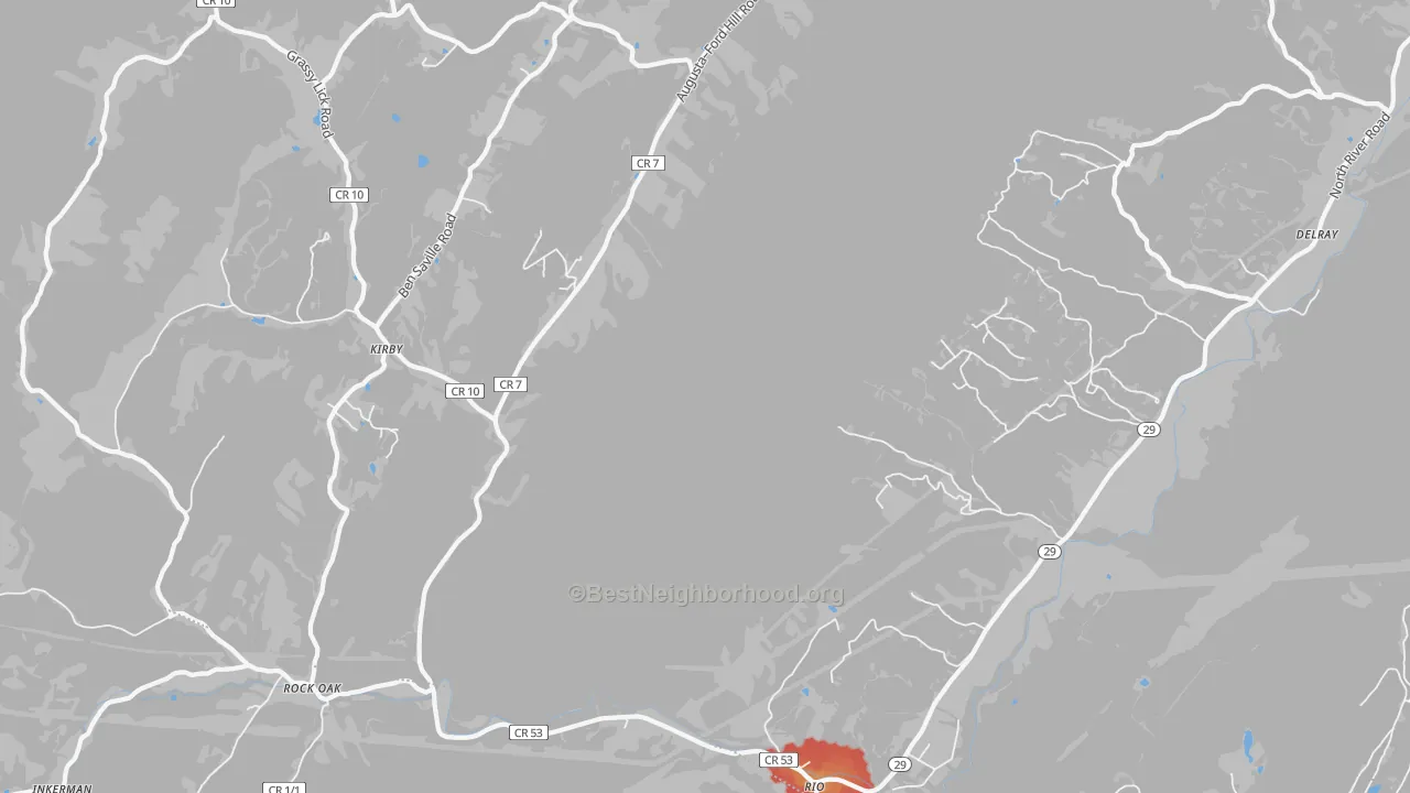 Walk Grade map of Kirby, WV, walkable areas in green and car-dependent areas in red
