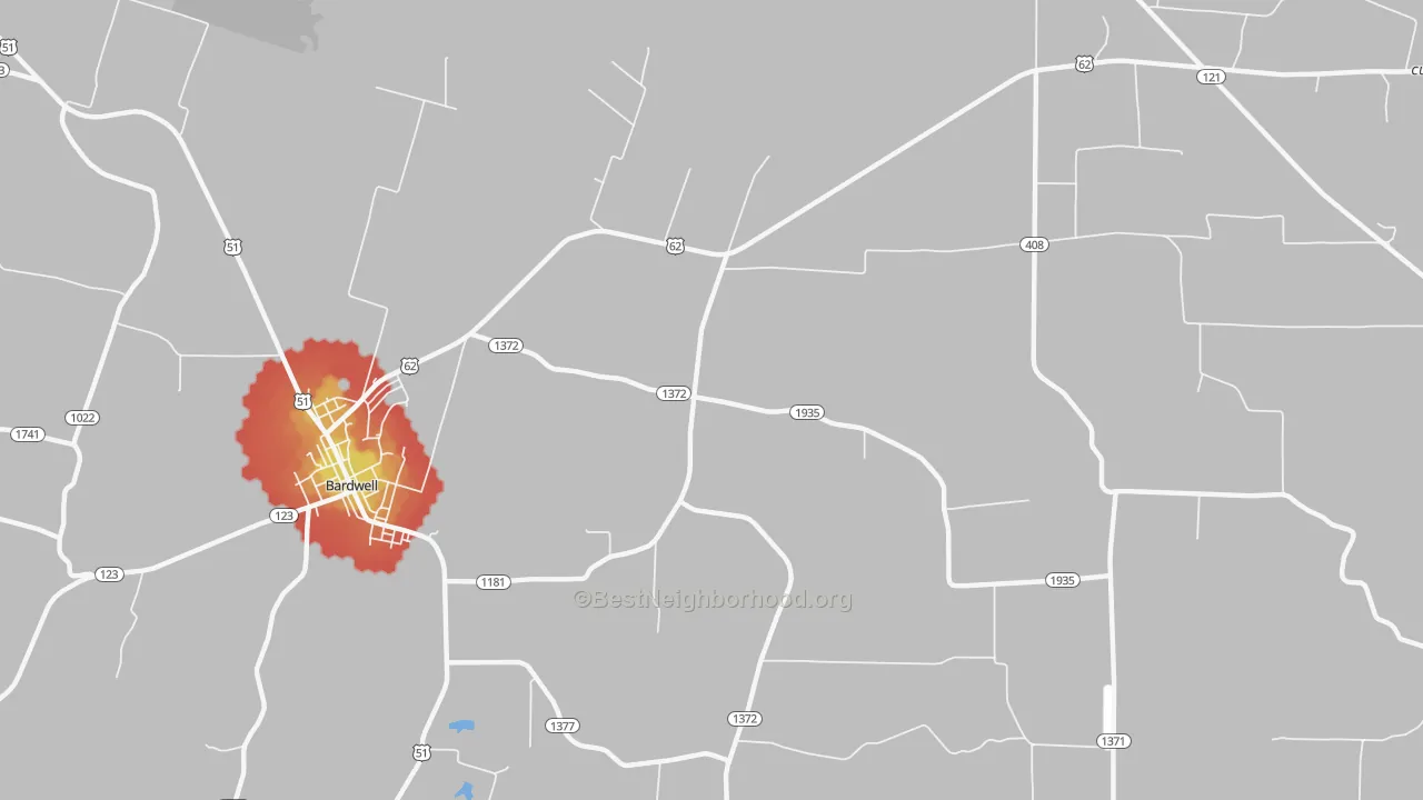 Walk Grade map of Kirbyton, KY, walkable areas in green and car-dependent areas in red