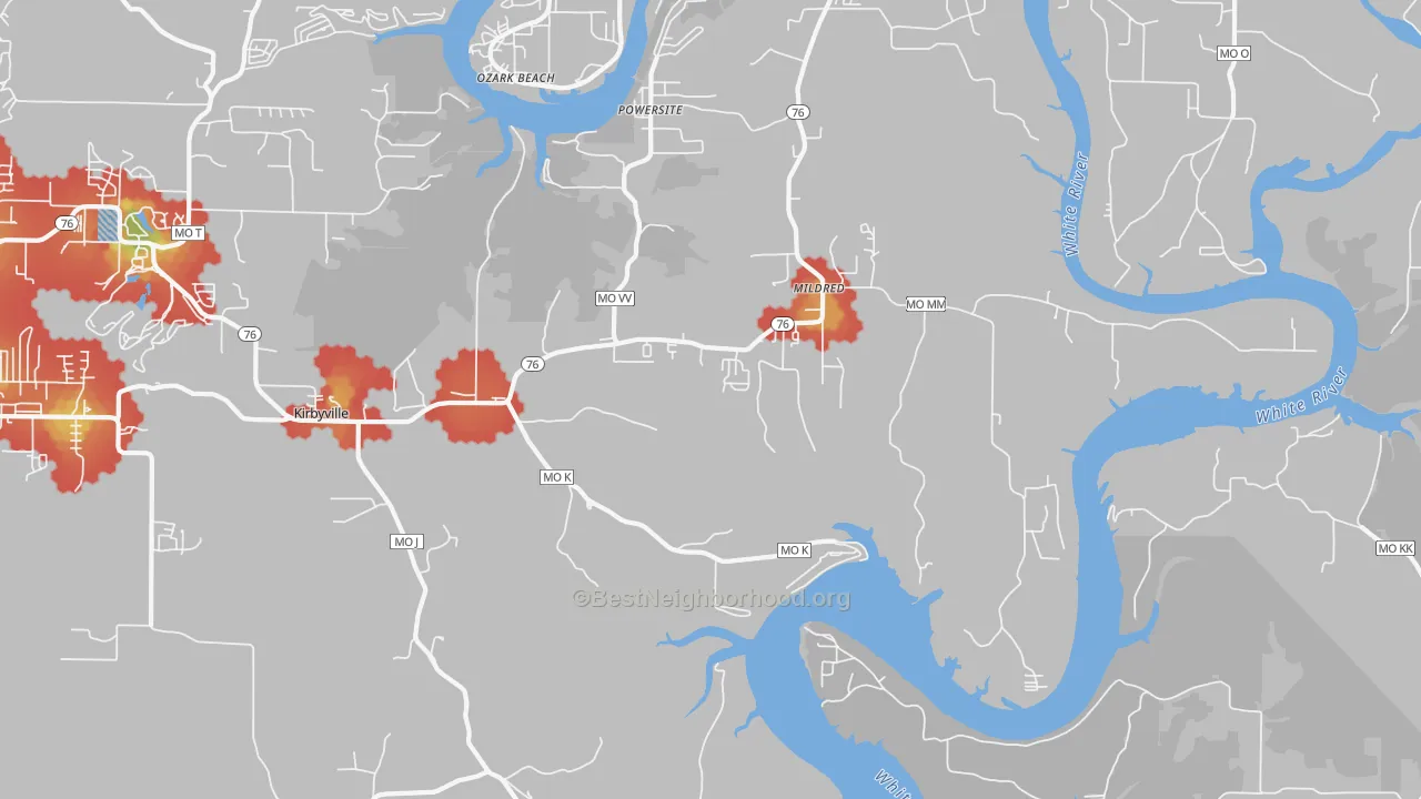 Walk Grade map of Kirbyville, MO, walkable areas in green and car-dependent areas in red