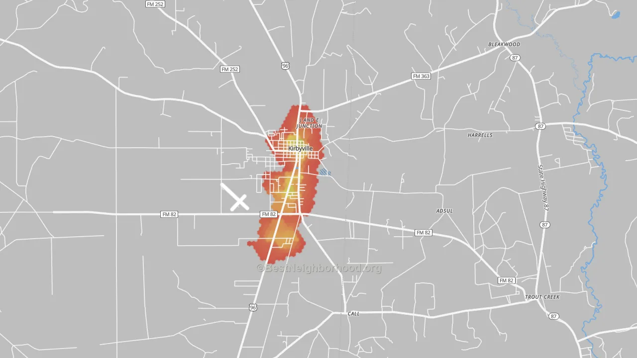 Walk Grade map of Kirbyville, TX, walkable areas in green and car-dependent areas in red