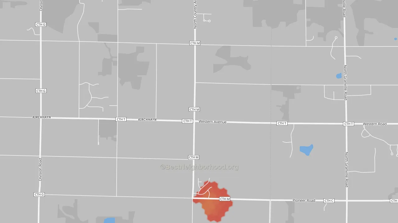 Walk Grade map of Kirchhayn, WI, walkable areas in green and car-dependent areas in red