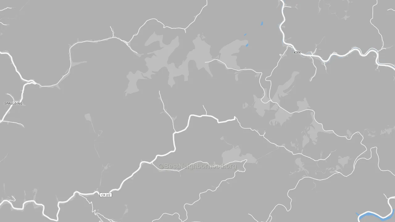 Walk Grade map of Kirk, WV, walkable areas in green and car-dependent areas in red