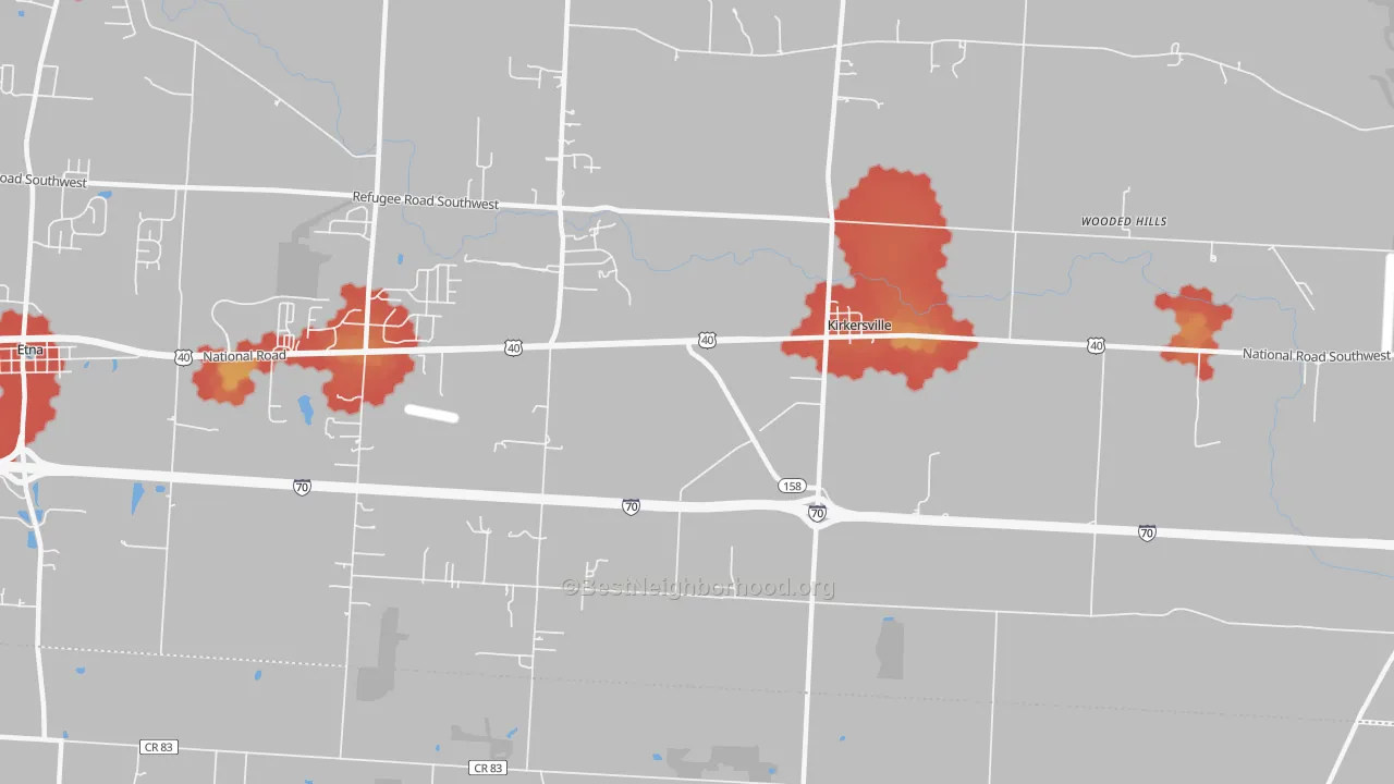 Walk Grade map of Kirkersville, OH, walkable areas in green and car-dependent areas in red