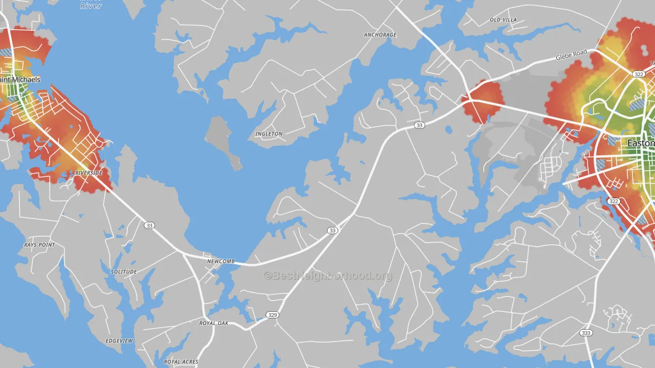 Walk Grade map of Kirkham, MD, walkable areas in green and car-dependent areas in red