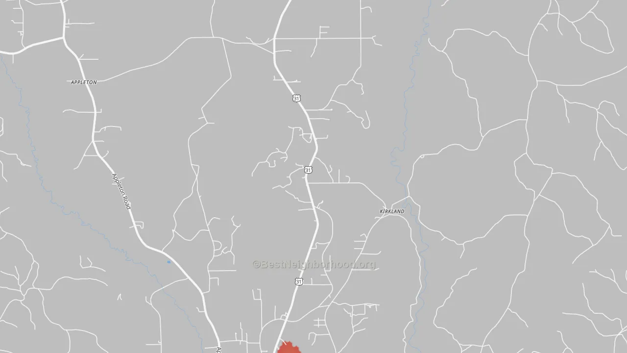 Walk Grade map of Kirkland, AL, walkable areas in green and car-dependent areas in red
