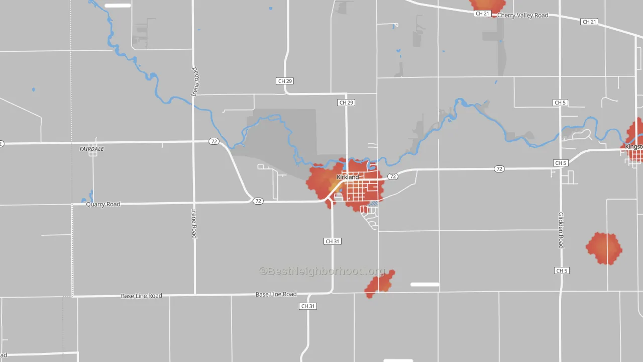 Walk Grade map of Kirkland, IL, walkable areas in green and car-dependent areas in red