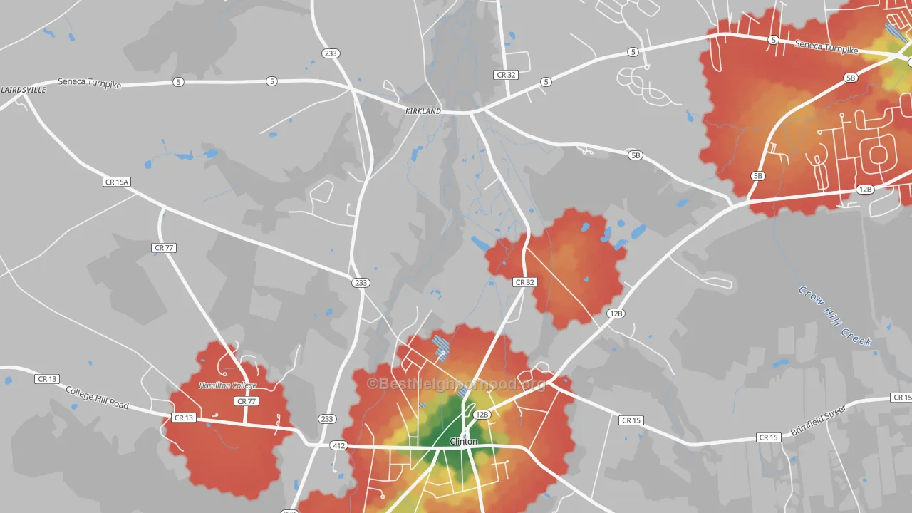 Walk Grade map of Kirkland, NY, walkable areas in green and car-dependent areas in red