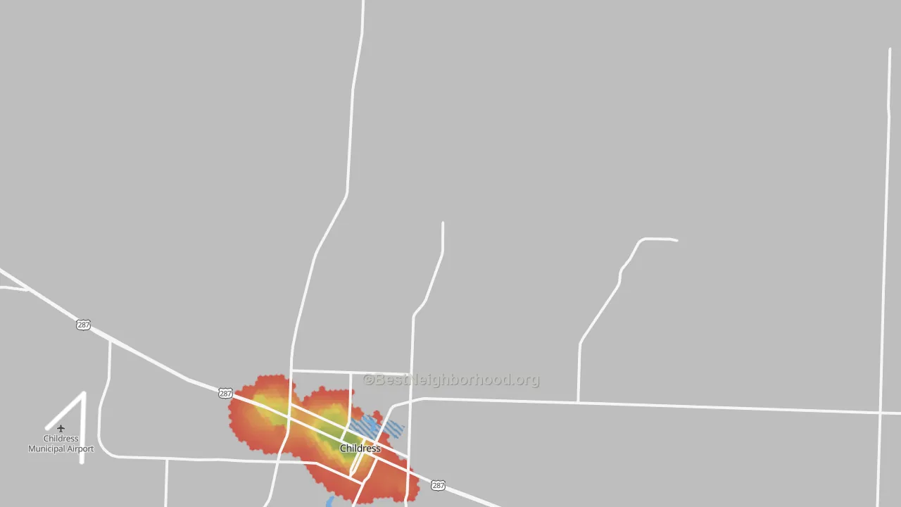 Walk Grade map of Kirkland, TX, walkable areas in green and car-dependent areas in red