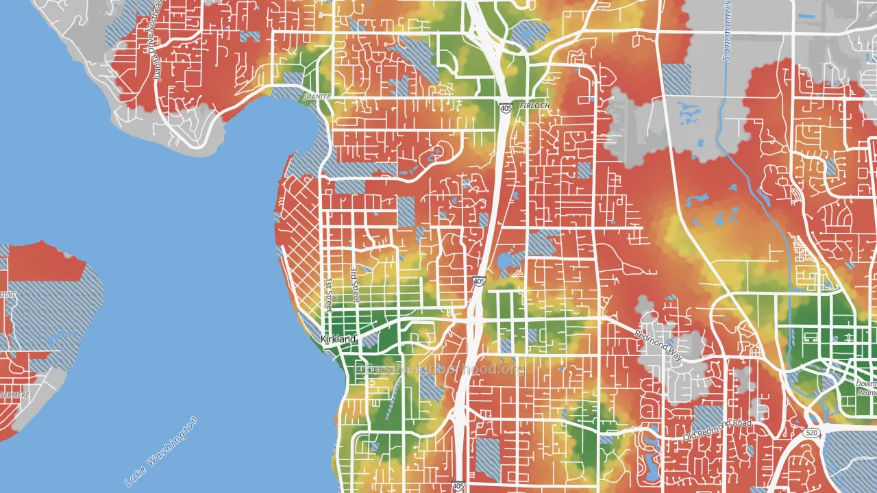 Walk Grade map of Kirkland, WA, walkable areas in green and car-dependent areas in red