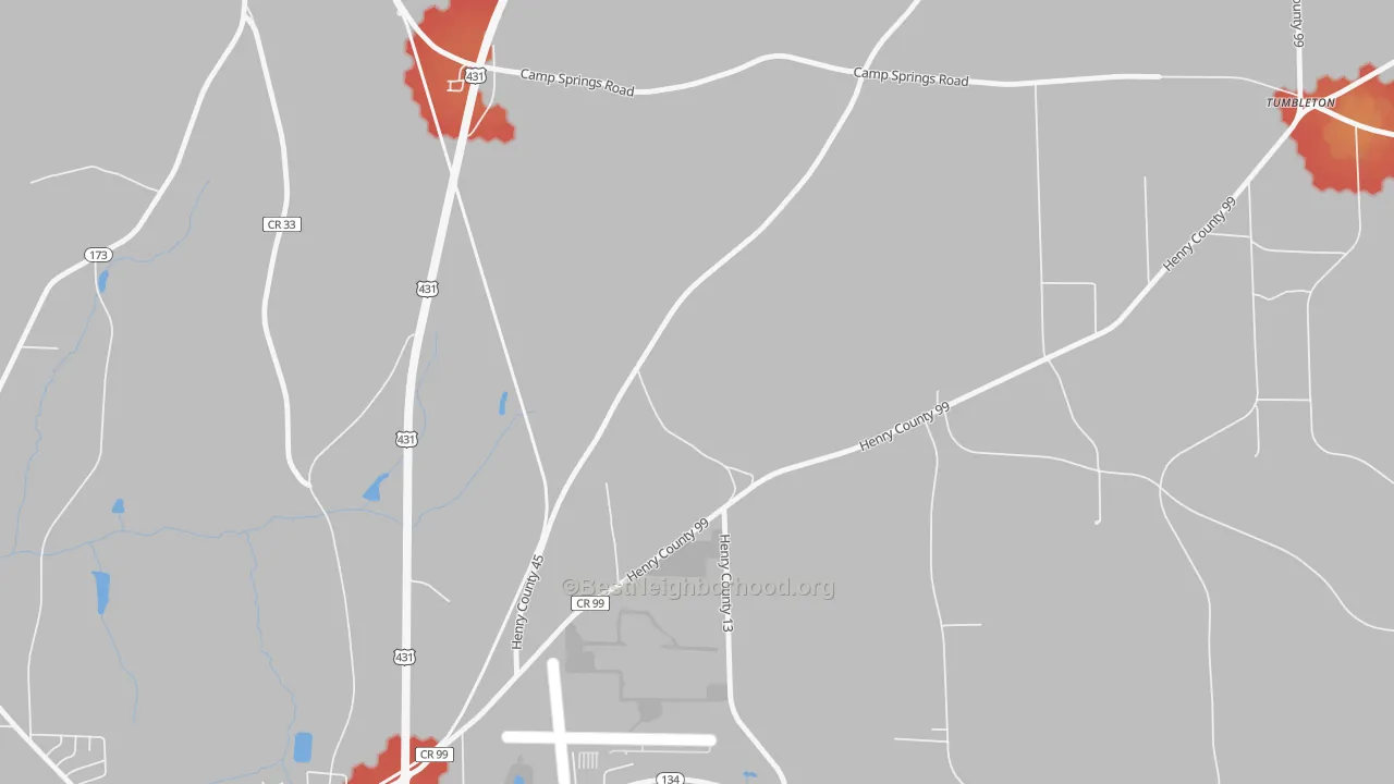 Walk Grade map of Kirklands Crossroads, AL, walkable areas in green and car-dependent areas in red