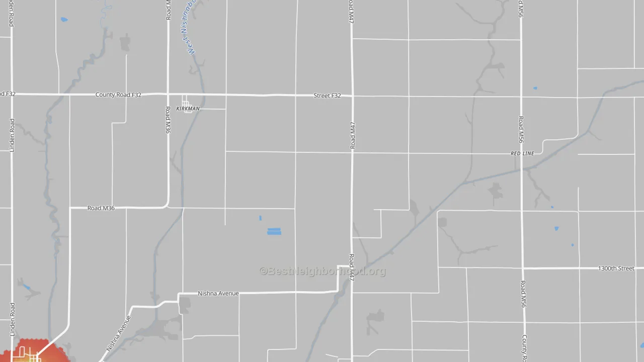 Walk Grade map of Kirkman, IA, walkable areas in green and car-dependent areas in red