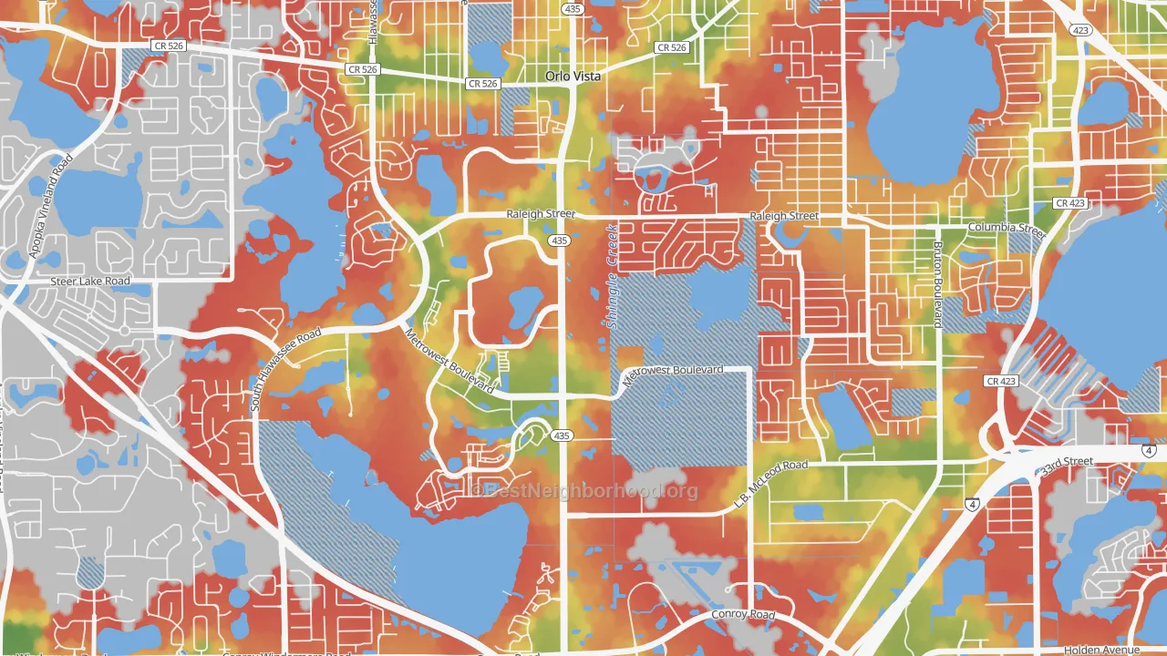 Walk Grade map of Kirkman North, Orlando, FL, walkable areas in green and car-dependent areas in red