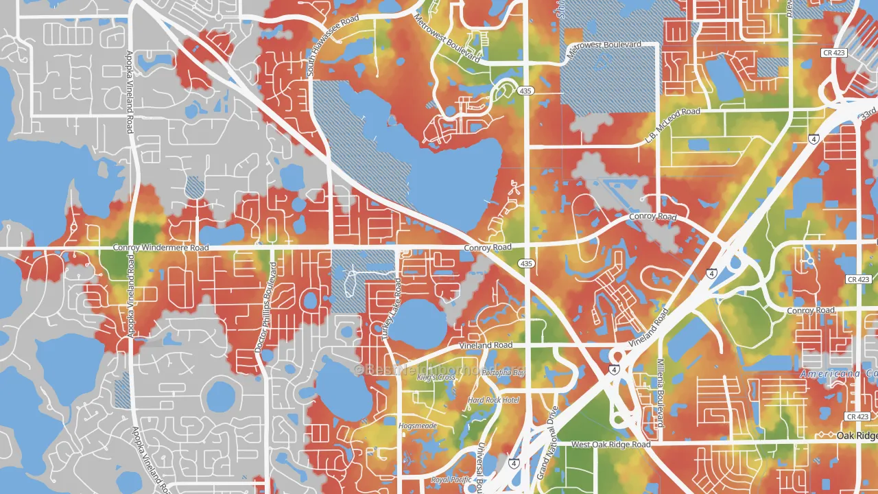 Walk Grade map of Kirkman South, Orlando, FL, walkable areas in green and car-dependent areas in red
