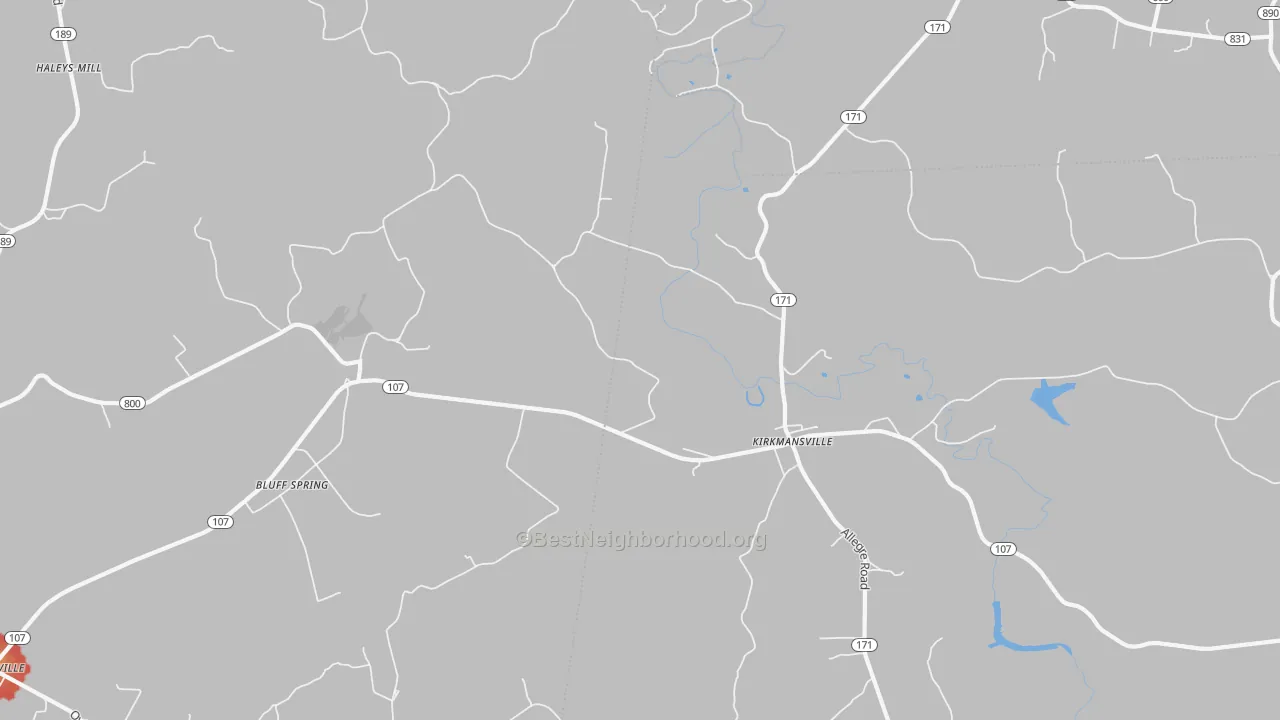 Walk Grade map of Kirkmansville, KY, walkable areas in green and car-dependent areas in red