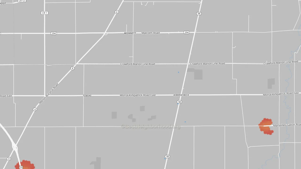Walk Grade map of Kirkpatrick, OH, walkable areas in green and car-dependent areas in red