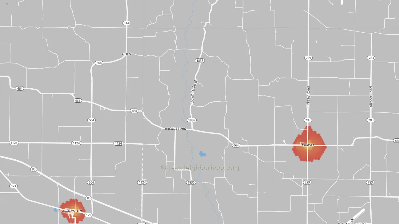 Walk Grade map of Kirksey, KY, walkable areas in green and car-dependent areas in red
