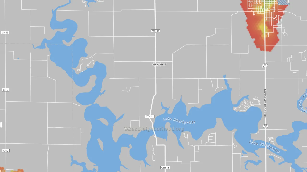 Walk Grade map of Kirksville, IL, walkable areas in green and car-dependent areas in red