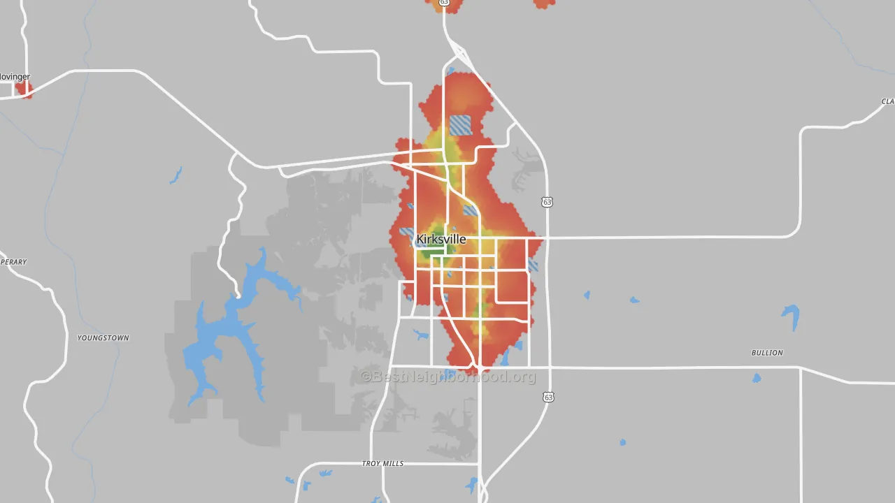 Walk Grade map of Kirksville, MO, walkable areas in green and car-dependent areas in red