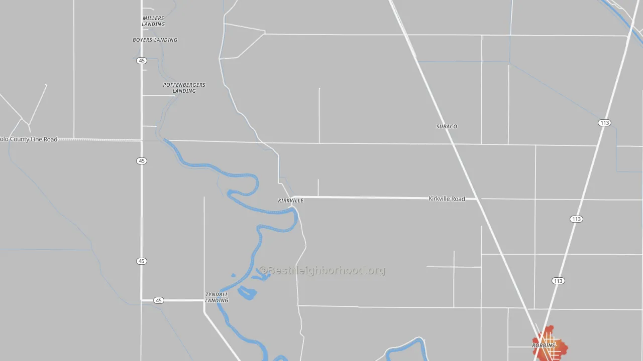 Walk Grade map of Kirkville, CA, walkable areas in green and car-dependent areas in red
