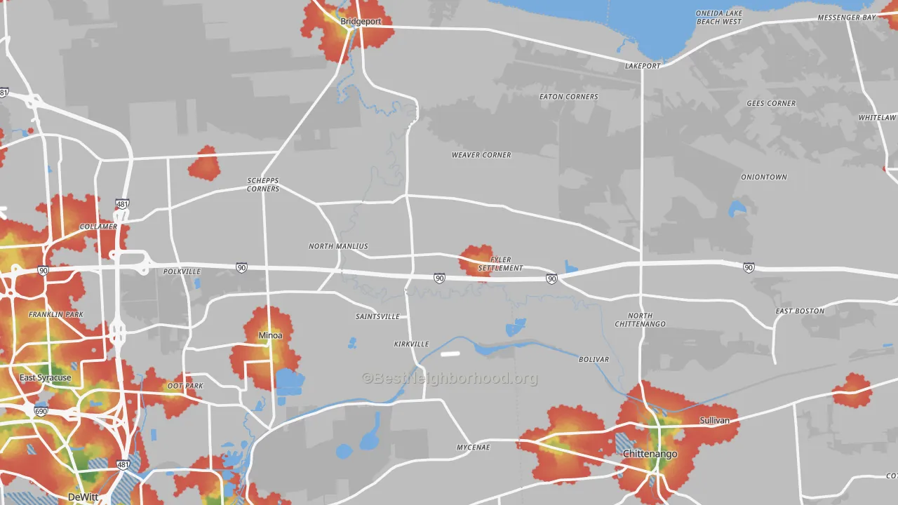 Walk Grade map of Kirkville, NY, walkable areas in green and car-dependent areas in red