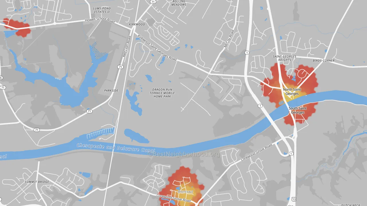 Walk Grade map of Kirkwood, DE, walkable areas in green and car-dependent areas in red