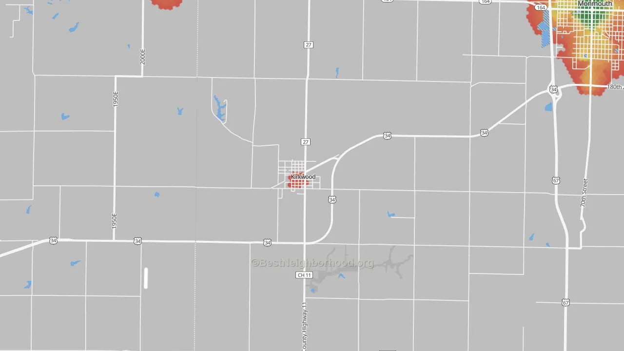 Walk Grade map of Kirkwood, IL, walkable areas in green and car-dependent areas in red