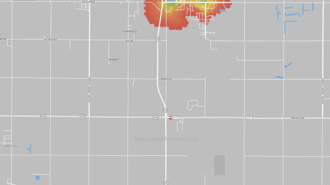Walk Grade map of Kirkwood, KS, walkable areas in green and car-dependent areas in red