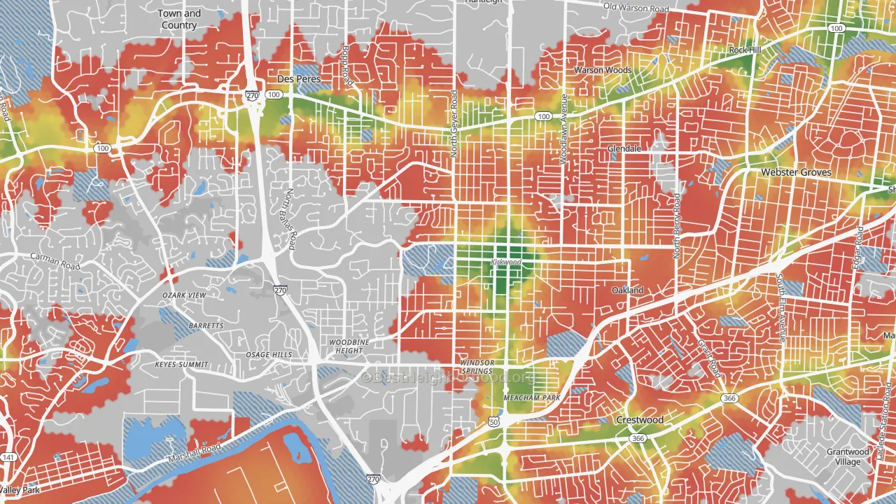 Walk Grade map of Kirkwood, MO, walkable areas in green and car-dependent areas in red