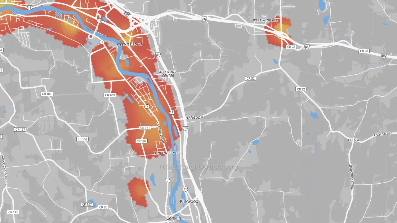 Walk Grade map of Kirkwood, NY, walkable areas in green and car-dependent areas in red