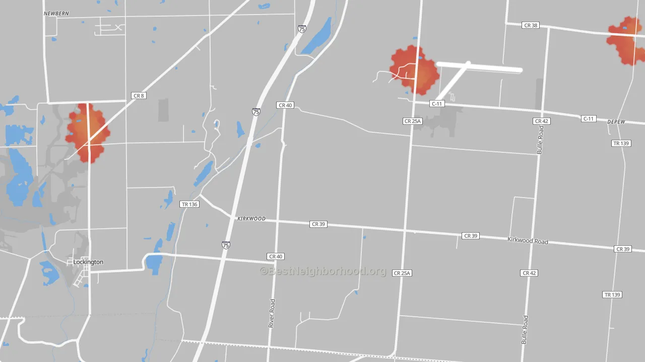 Walk Grade map of Kirkwood, OH, walkable areas in green and car-dependent areas in red