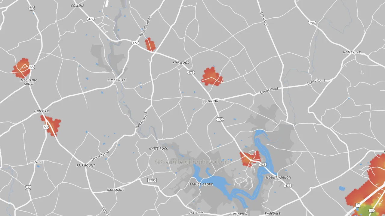 Walk Grade map of Kirkwood, PA, walkable areas in green and car-dependent areas in red