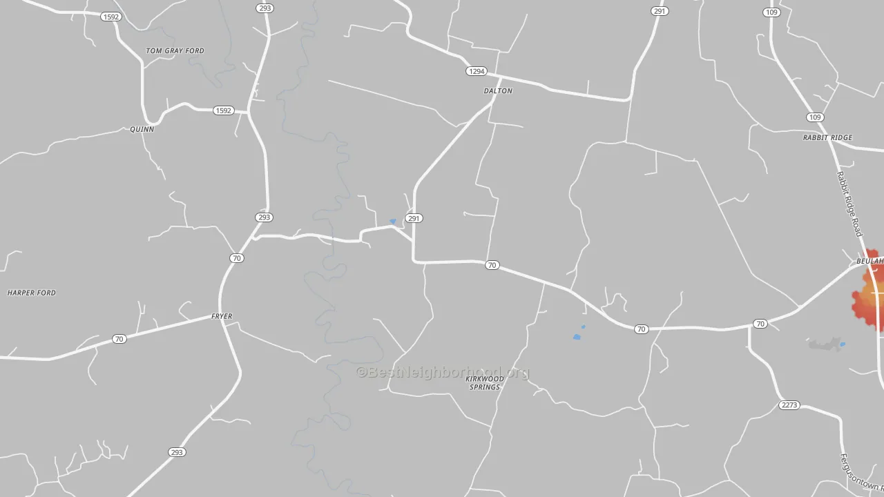 Walk Grade map of Kirkwood Springs, KY, walkable areas in green and car-dependent areas in red