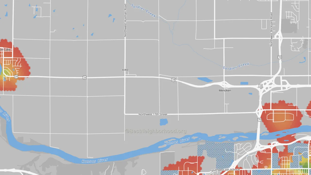 Walk Grade map of Kiro, KS, walkable areas in green and car-dependent areas in red